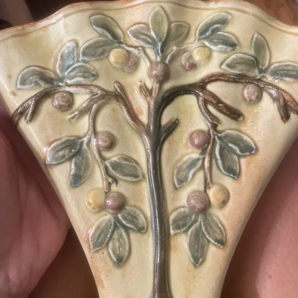 Antique Weller Ware Voile Apple Tree Fan Floral Vase Signed Pottery